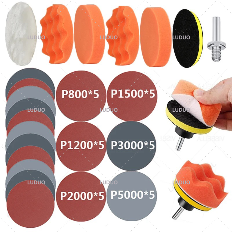 Car Polishing Pad Waxing Sponge Pad Polishing Kit Auto Detailing Sandpaper Buffing Sanding Disc Adapter Headlight Restoration