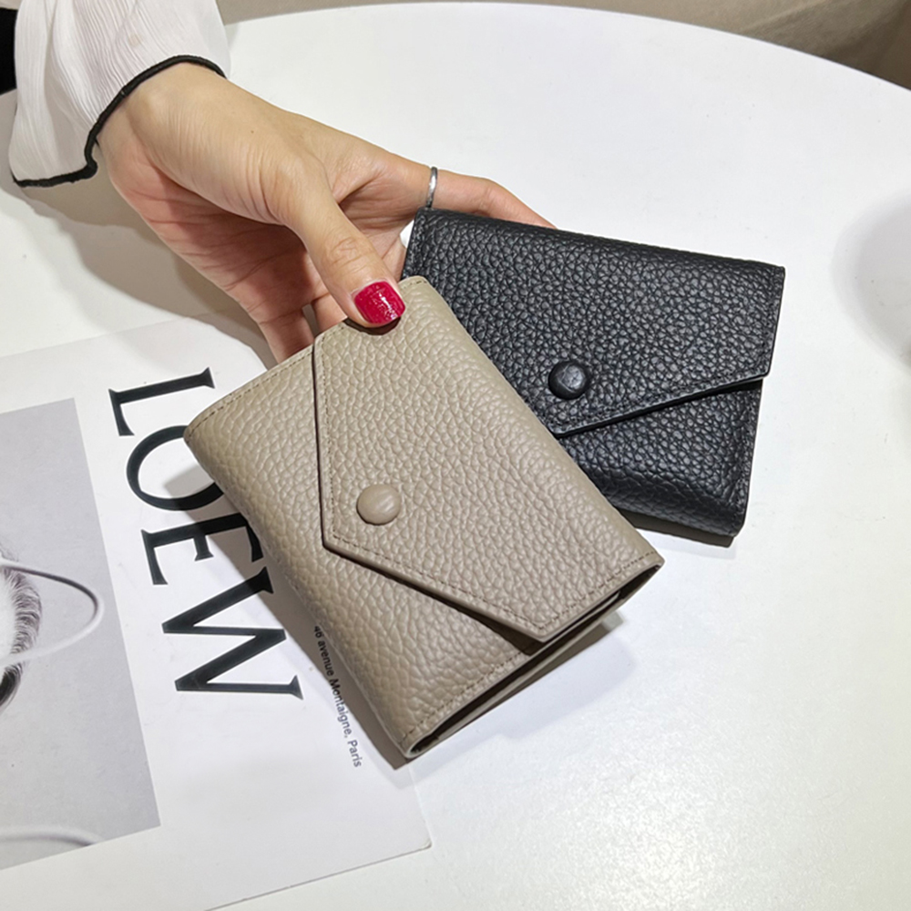 100% Genuine Leather Small Women Tifold Envelope Card Holder Purse Multipurpose Zip Coin Cowhide Short Lady Wallet