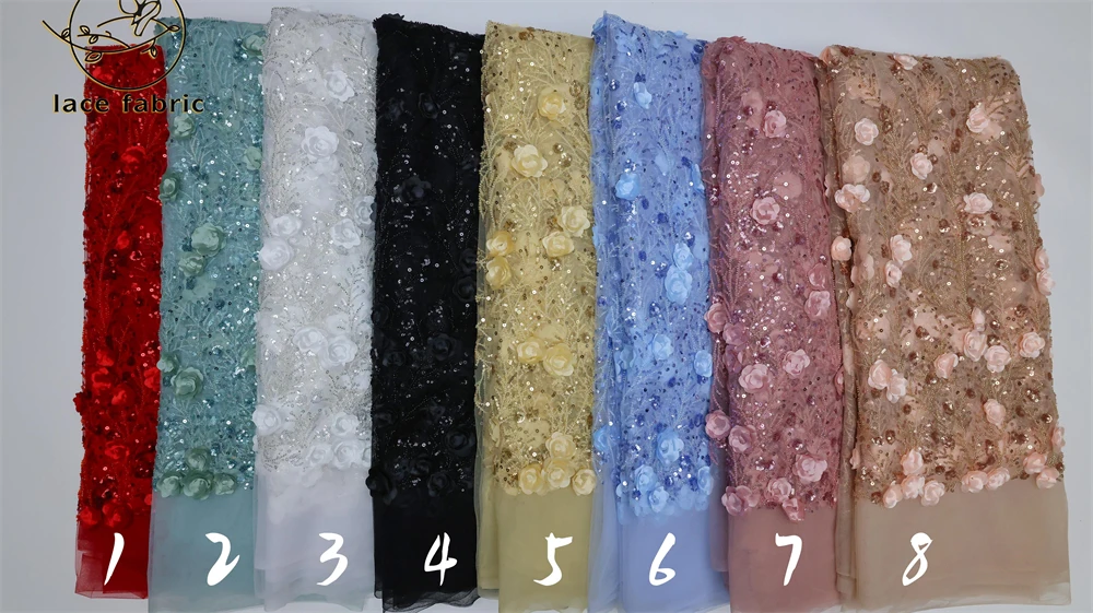 African 3D Lace Fabric new 5 2025 Yards 2023 High Quality Beaded Lace Embroidered French Nigerian Sequins Lace Fabric For Wedding Party