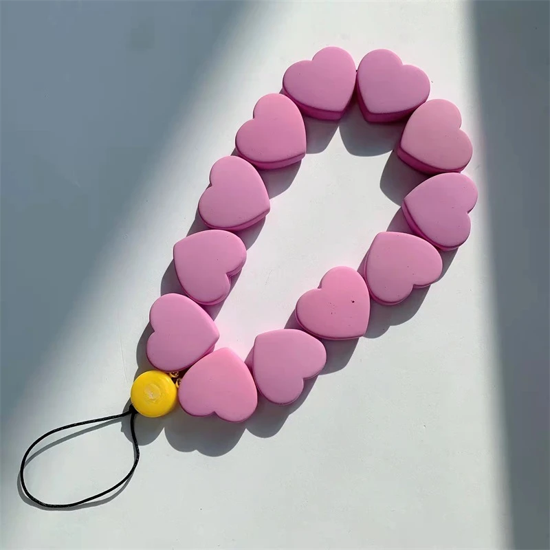 Resin Love Heart Beaded Mobile Phone Anti-lost Lanyard Women's Cellphone Chain Charm Telephone Phone Wrist Strap Pendant Decora