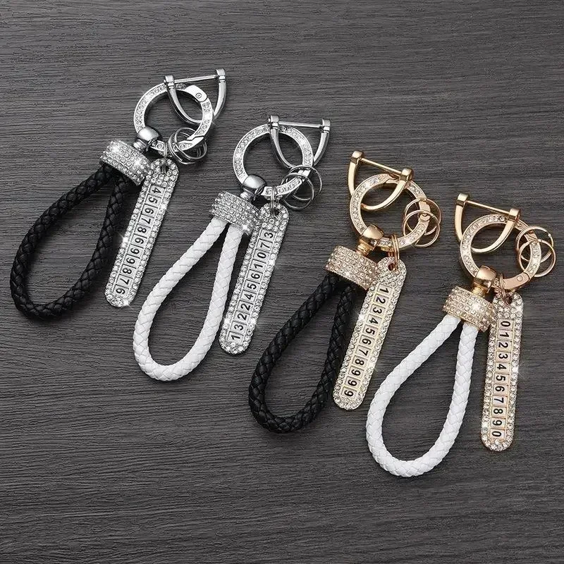 Crystal Anti-lost 2025 Leather Keychain Women new Men Gold Sier Buckle Car Key Ring Chain Holder Phone Number Tag keyring