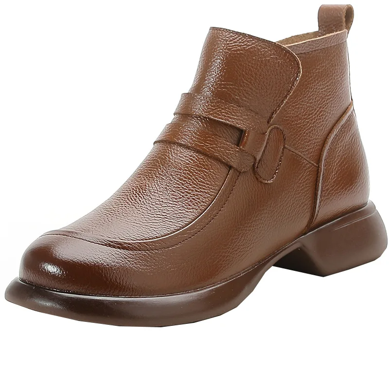 Women Shoes Round Toe Genuine Cow Leather Handmade Retro Thick Heel Casual Loafers Ladies Winter Soft Sole Plush Warm Boots