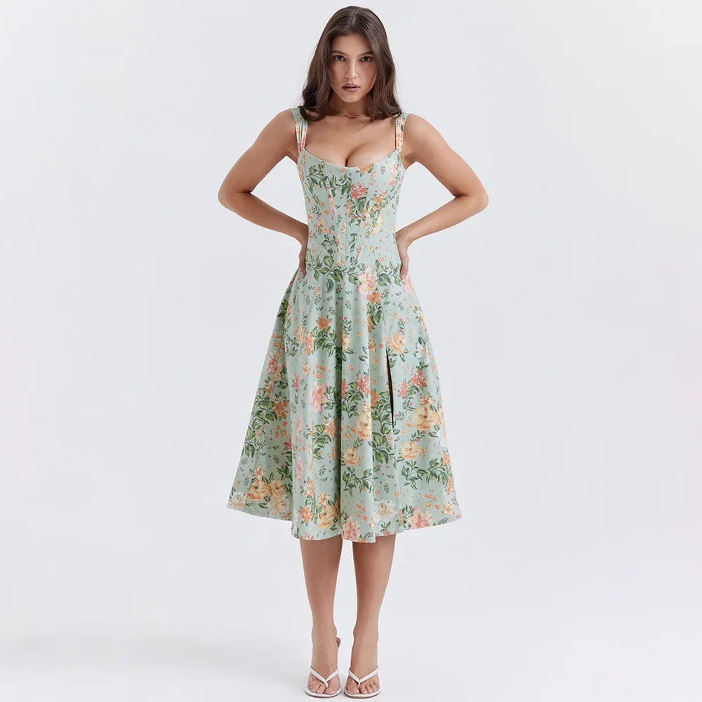 Suninheart Summer Dress Women Green Lace Up Floral Print Dress Elegant with Boning Casual Party Holiday Dress High Quality 240518