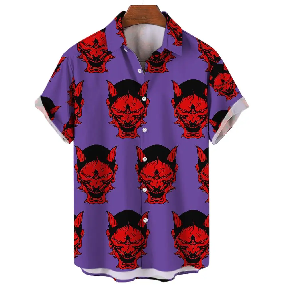 Devil Pattern Men's Shirts Oversized Shirt Loose Causal Double Patchwork Red new Imp Party Festival Camisas 2025 Original Men's Shirts