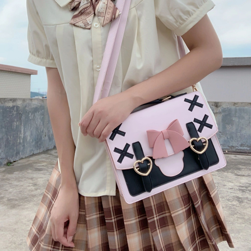 Japanese Lolita Bow Heart Handbags Korean All Match Kawaii Crossbody Jk Bag 2024 New Ins Sweet Shoulder Women Y2k Aesthetic