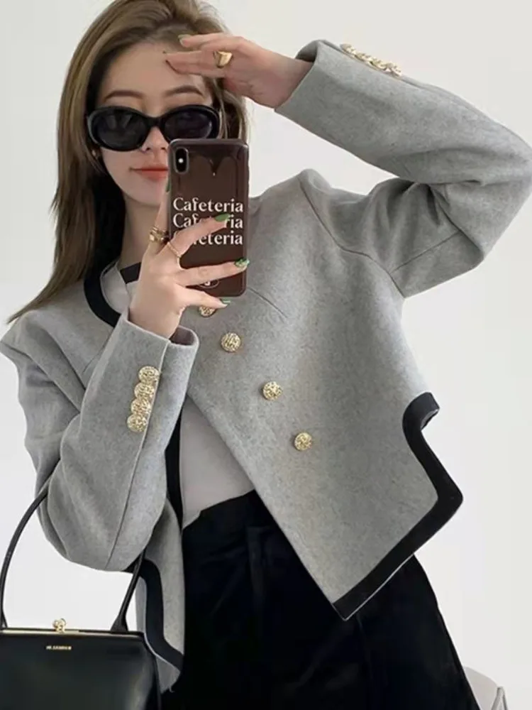 Women's Blazer Chic Elegant Round Neck Clothing Casual Temperament Double-breasted Irregular Long Sleeve new 2025 Coat Clothes Top New