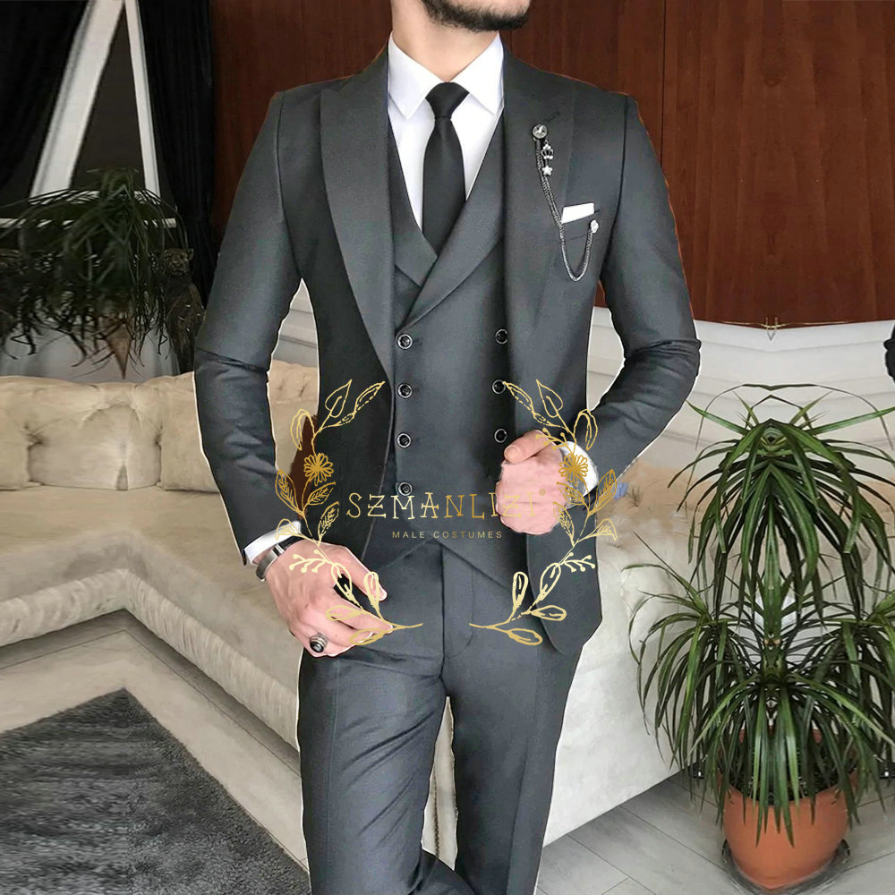 New Arrival Male Suits 2025 Slim new Fit 3 Pieces Peak Lapel Dark Green Classic Men Wedding Suits Groom (Blazer+Vest+Pants) Costume Homme