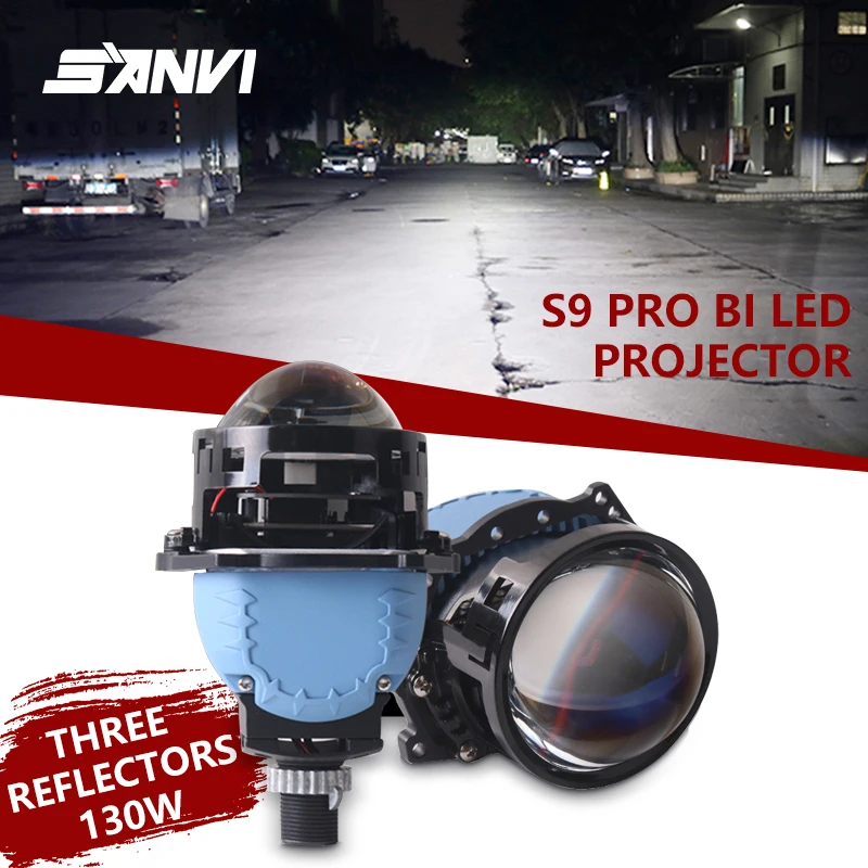 Sanvi S9 Pro Car Bi LED Projector Len Headlight 3" 12V 5500K 130W Three Reflectors Lens For H4 H7 9005 9006 Hella G5 3R LHD