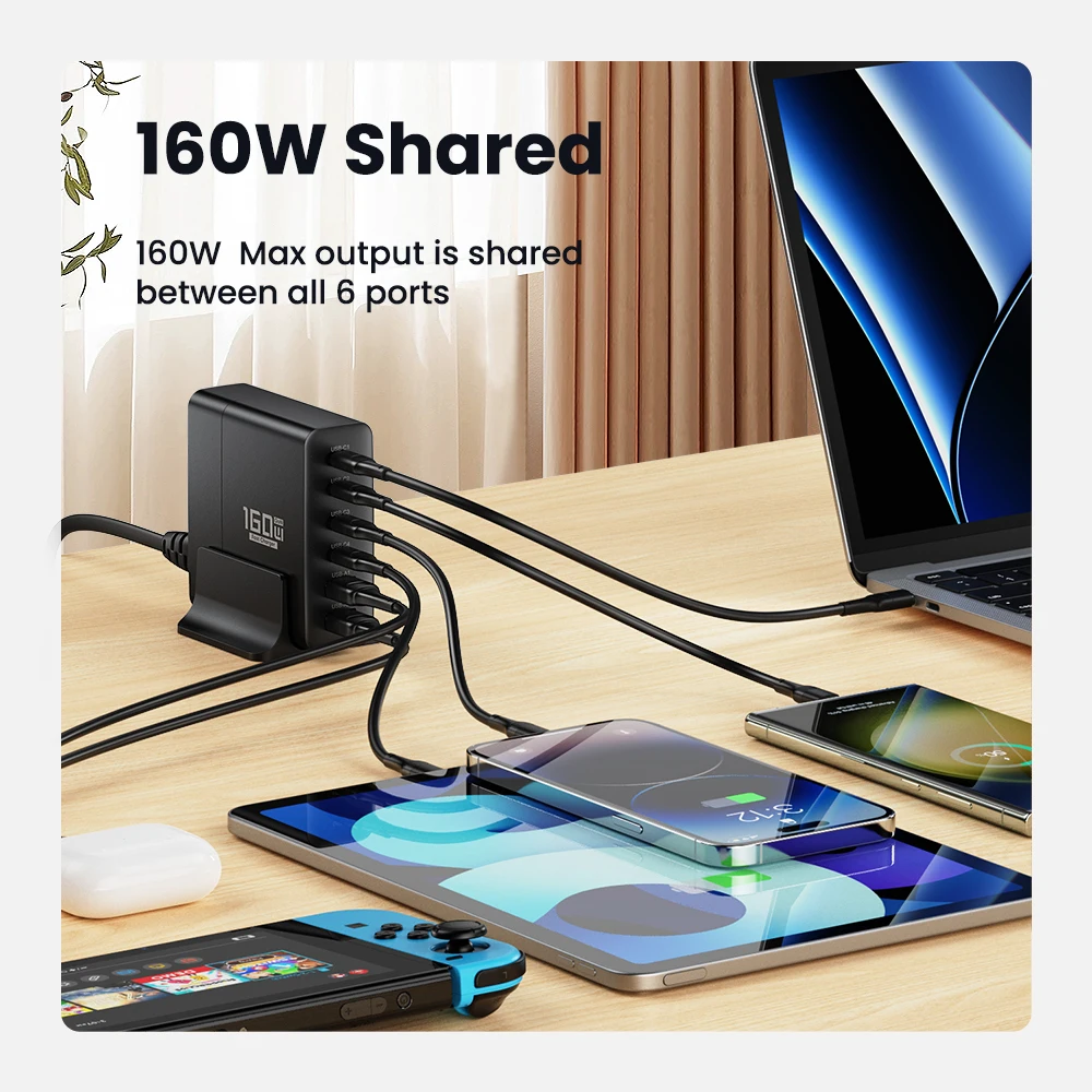 160W GaN USB Type C Multiple Ports PD PPS QC4.0 Desktop Fast Charger For iPhone 14 Pro Samsung S23 book Laptop iPad