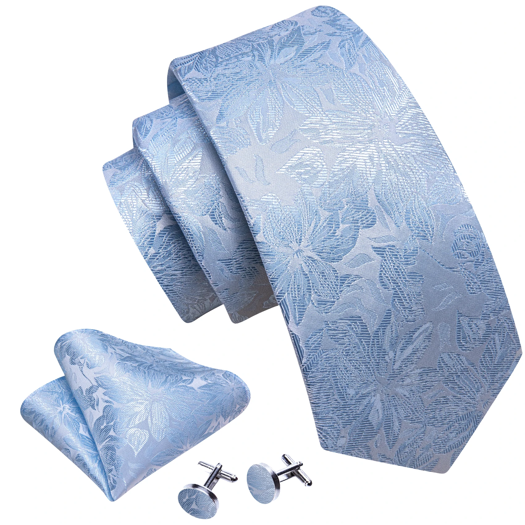 High Quality Light Blue Floral Silk Tie For Men Classic Jacquard Woven Handkerchief Cufflinks Sets Wedding Party Barry.Wang 6530