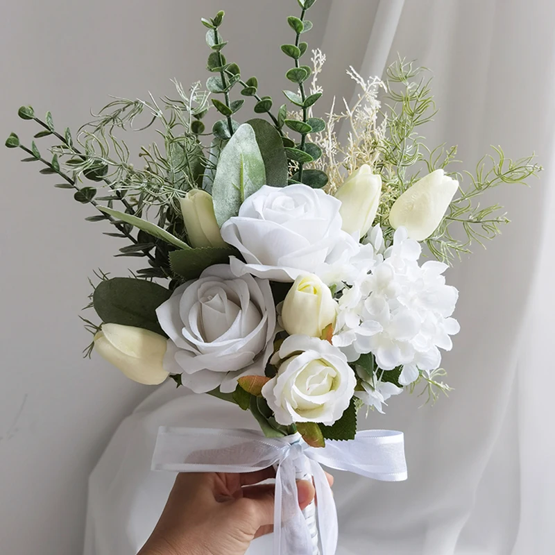 Artificial Wedding Flower Silk Rose Green Eucalyptus Leaves Bridal Bouquet Fake Flower for Wedding Table Party Bridesmaid