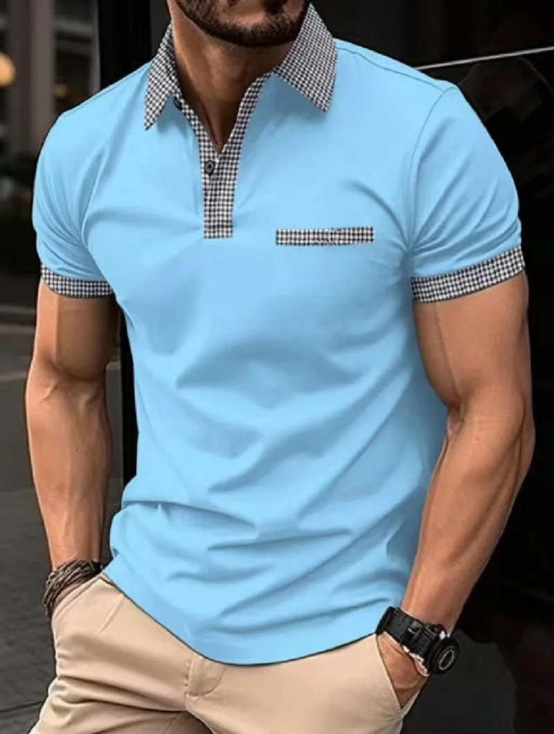 Summer Bussiness Casual Men Polo Shirts Plaid 3D Lapel Button Short Sleeve Fashion Tops Golf T Shirt Oversized Mens Clothing 240513
