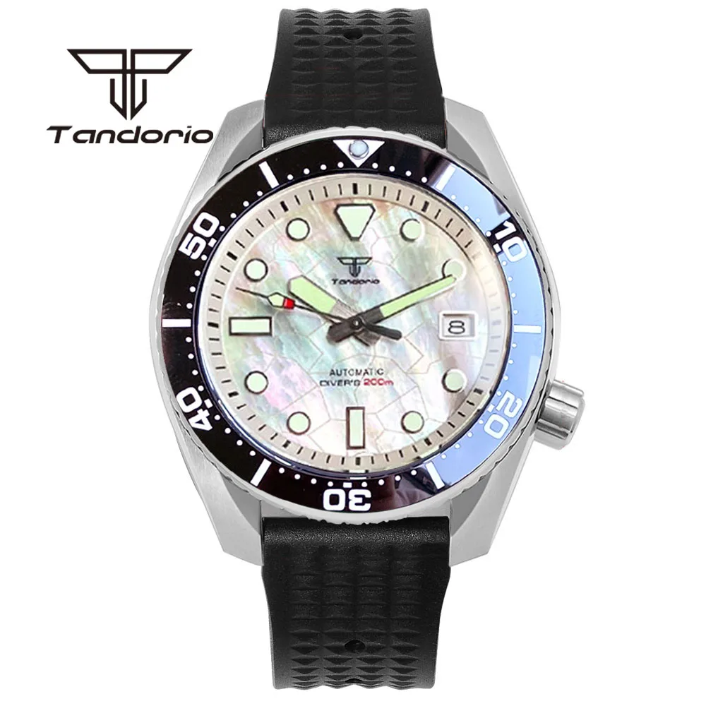 Tandorio NH35A Mother of Pearl Dial Date SBDX001 Model 42.5mm 20Bar Dive Men's Automatic Wristwatch Sapphire Crystal Rubber Band