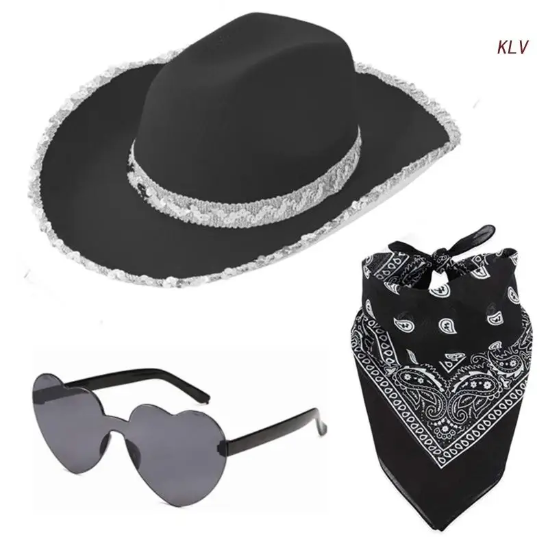 Women Cowboy Hat Western Wide Brim Hat Handkerchief Heart Sunglasses Set Hat Costume Fedora-Hat Headdress