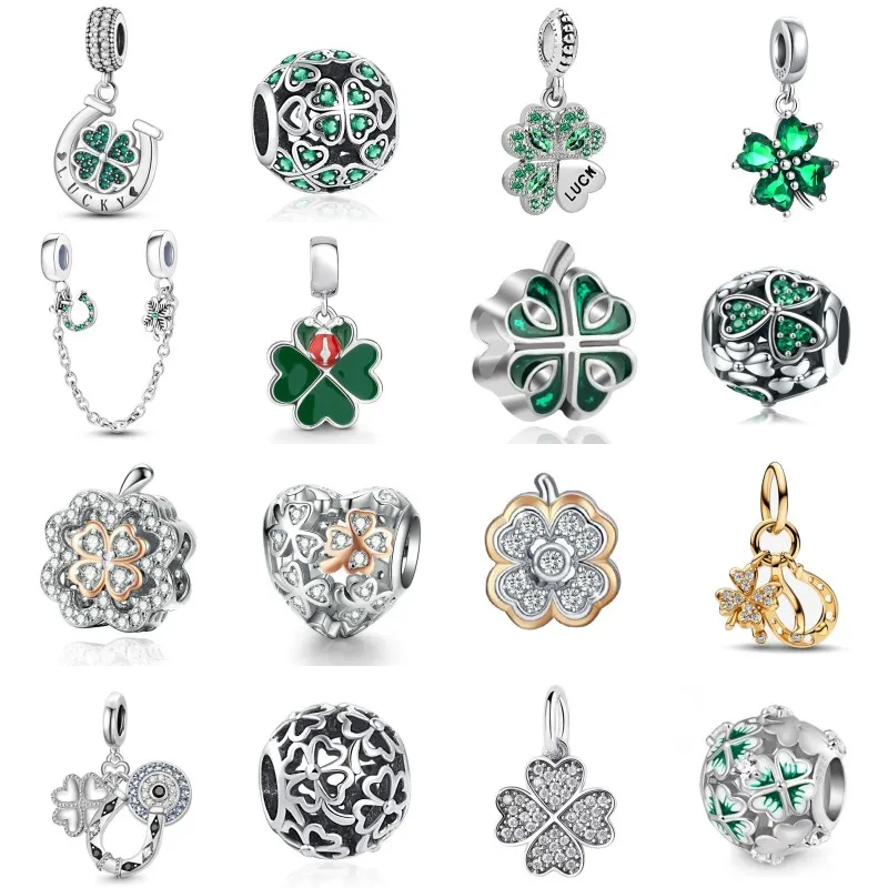 New Fine 925 Sterling Silver Lucky Grass Beads Charms Lucky Clover Dangle Fit Original Pandora Bracelet DIY Women Amulet Pendant