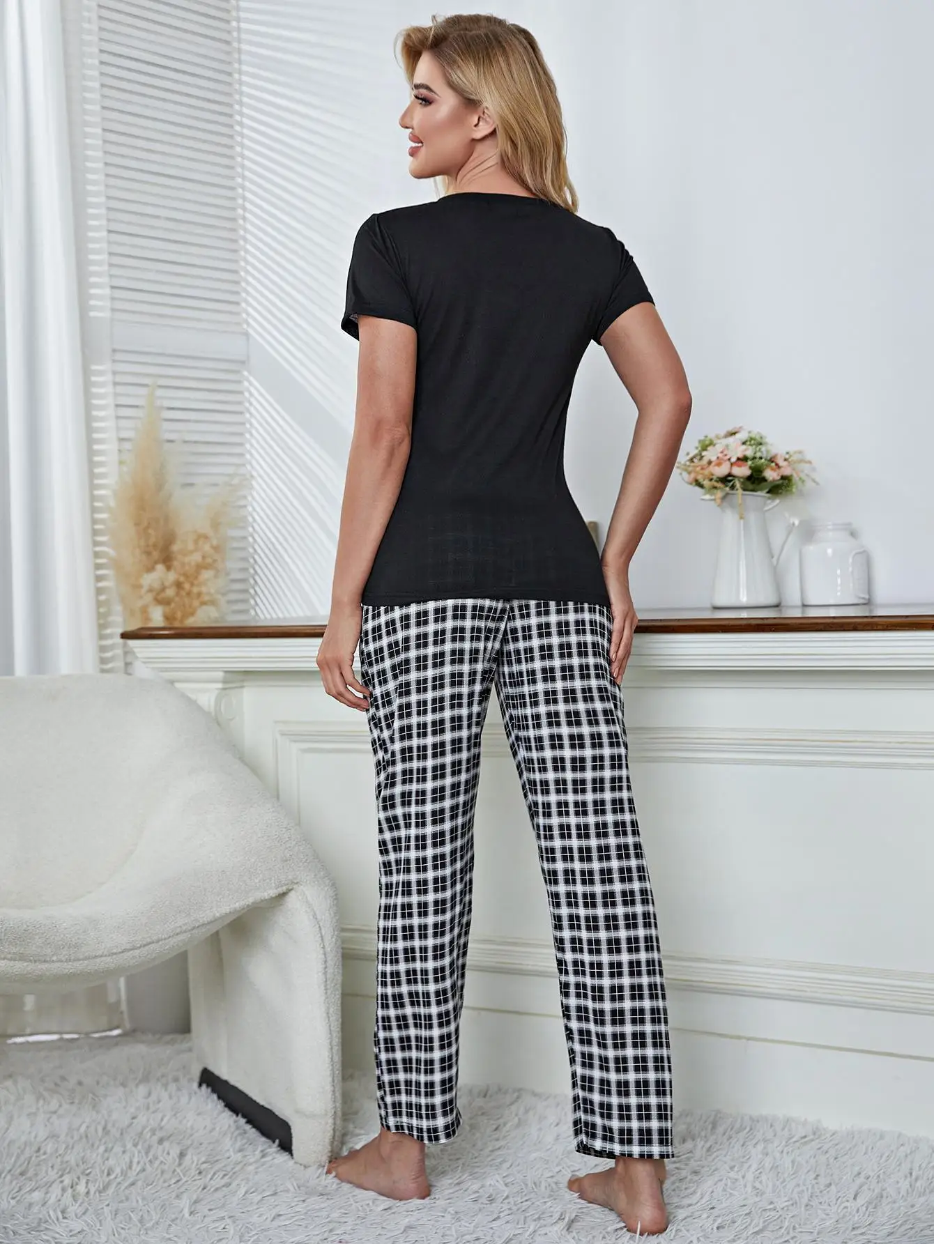 Summer Women's Pajamas Sets Short Sleeves V Neck Tops&Pants 2 Pieces Plaid Full-Length Trousers Sleepwear Nightwear Home Suit