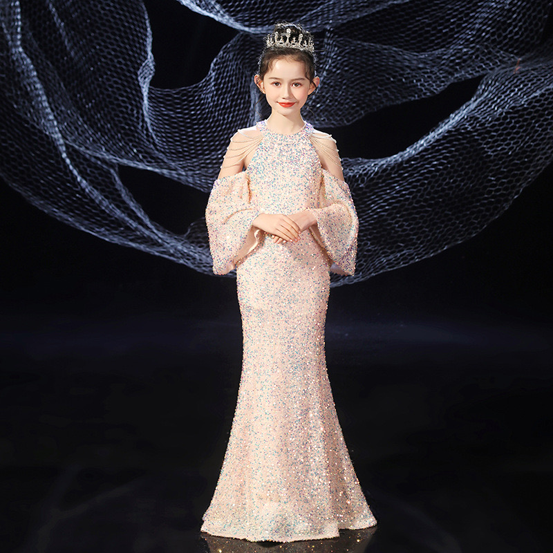 Long Boho Flower Girls Dresses For Wedding sequined mermaid Floor Length Lace Little Kids First Communion Dress Vintage sequined off shoulder Girls Pa