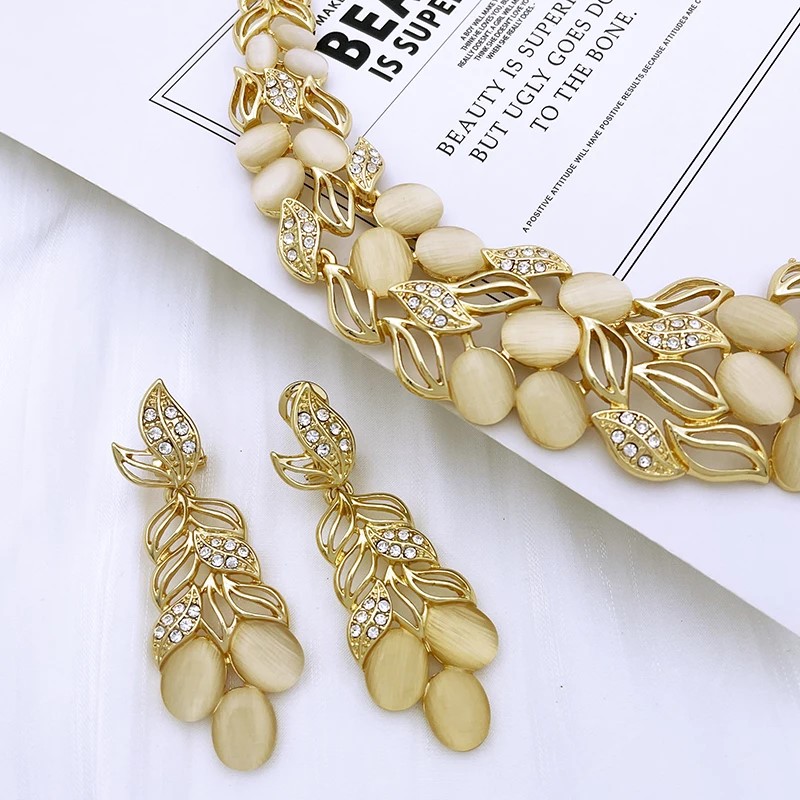 Vintage 2025 Opal Jewelry Set For Women Design Necklace Earrings Bracelet And Ring Gold Plated Dubai new Nigeria High Quality