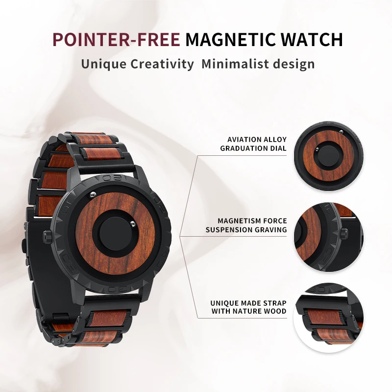 EUTOUR-Men's Solid Wood Magnetic Watch, Luxury Sport Quartz, Waterproof Watch, Original Fashion