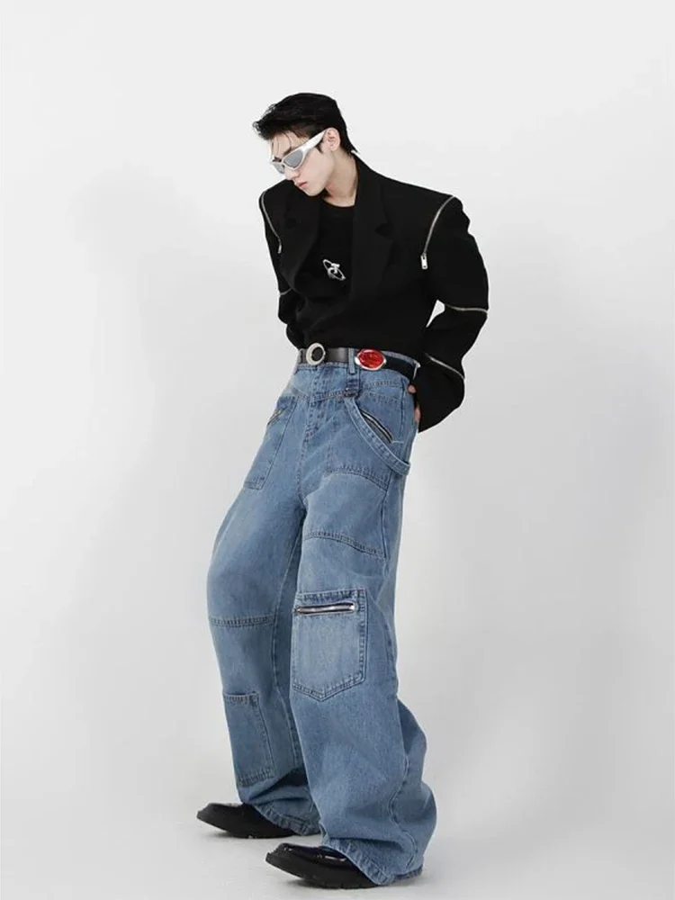 HOUZHOU Baggy 2025 Cargo Jeans Men Denim Wide Leg Trousers Male Oversize Casual Streetwear Hip new Hop Pocket Zipper Safari Style