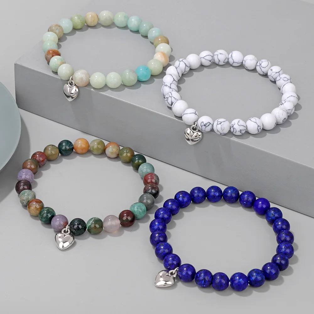 Romantic Heart Shape Pendant Bracelet Women 8mm Natural Stone Amazonite Agates Beads Charm Bracelets Men Couples Jewelry Gift