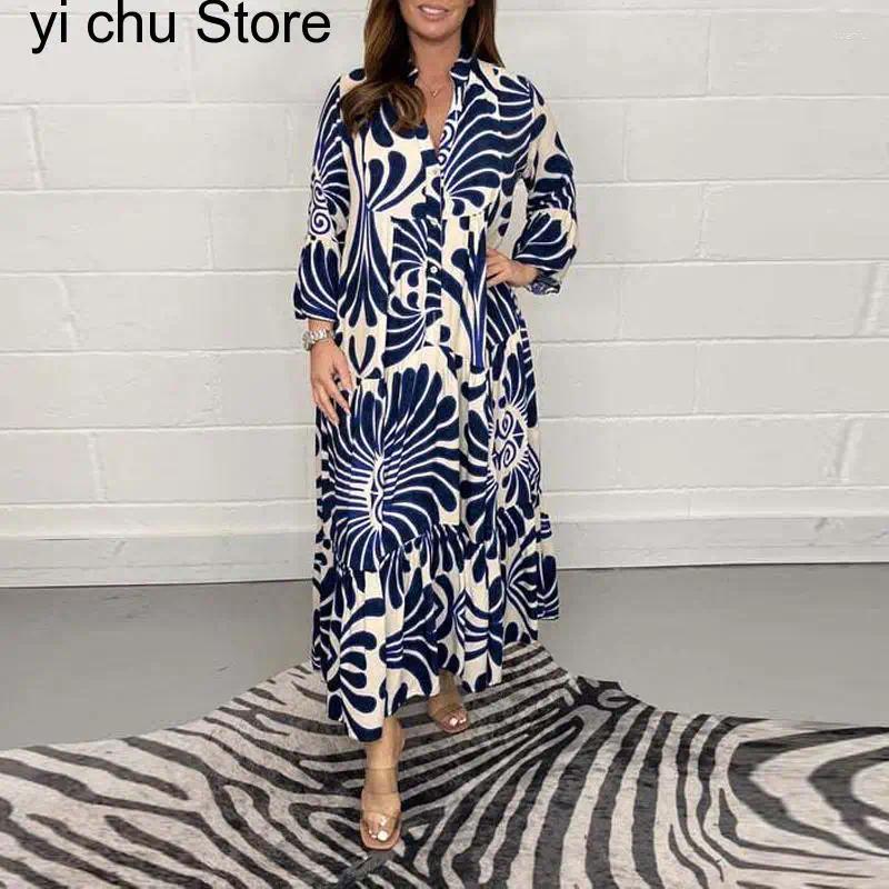 Casual Dresses Summer V Neck 3/4 Sleeve Print Party Dress Fashion Women Office Elegant Single Breasted Geometry Pattern