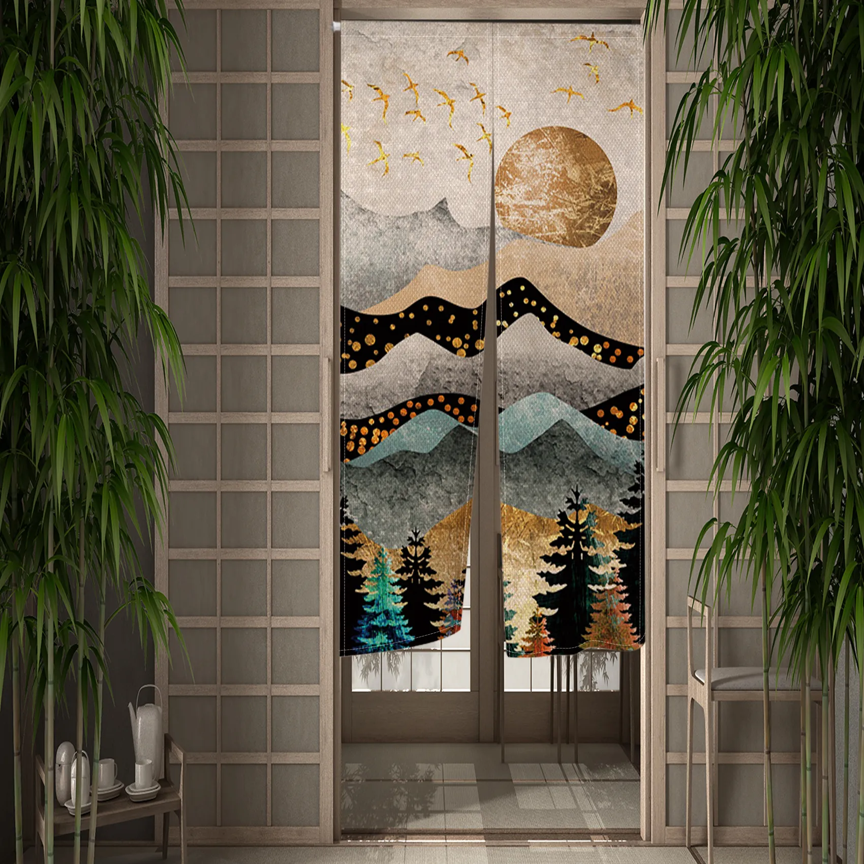 Chinese Traditional Landscape Door Curtain Noren Ink Mountain Painting Kitchen Bedroom Japanese Hanging Entrance Doorway Curtain