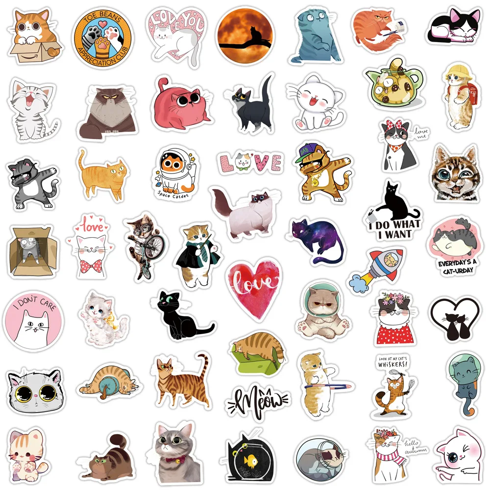 50pcs Lovely Cat Stickers Laptop Phone Case Water Bottle Guitar Fridge Cute Animal Vinyl new 2025 Decal for Kids Gift Waterproof