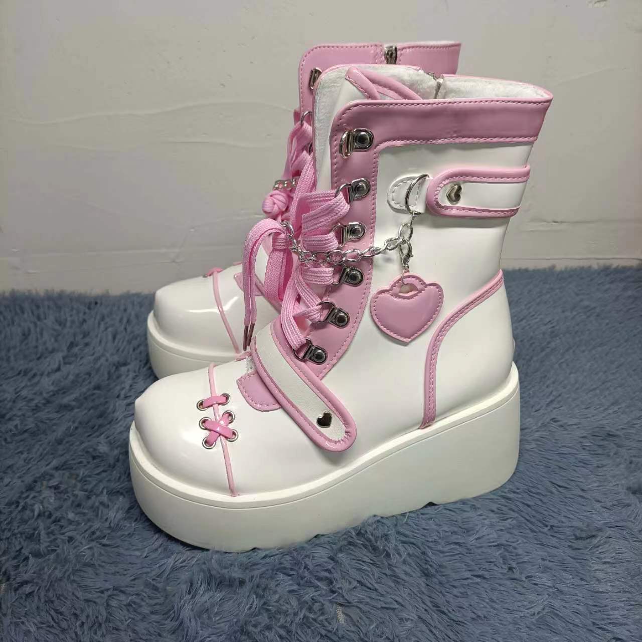 Boots Woman Lolita Shoes Winter 2023 Platform Heels Women's Mid Calf Booties Gothic Pink Cute Chain JK Cosplay Japanese Style
