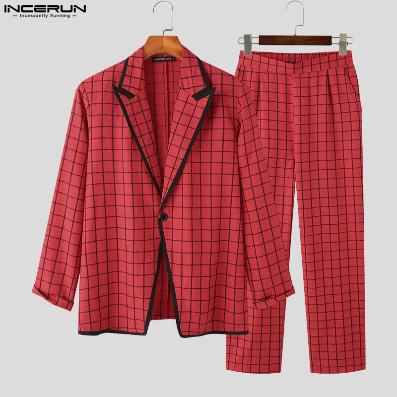 INCERUN 2023 American Style Men Retro Plaid Suits Coats High new 2025 Waist Trousers Casual Streetwear Male All-match Suit 2 Pieces S-5XL