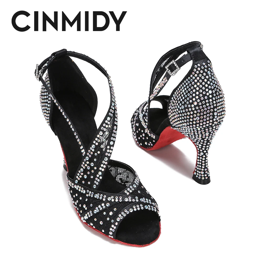 CINMIDY Red Sole Latin Dance Shoes For Women Tango Ballroom Dance Shoes Cuban Heel Rhinestone new Wedding Shoes 2025 Women's Sandals