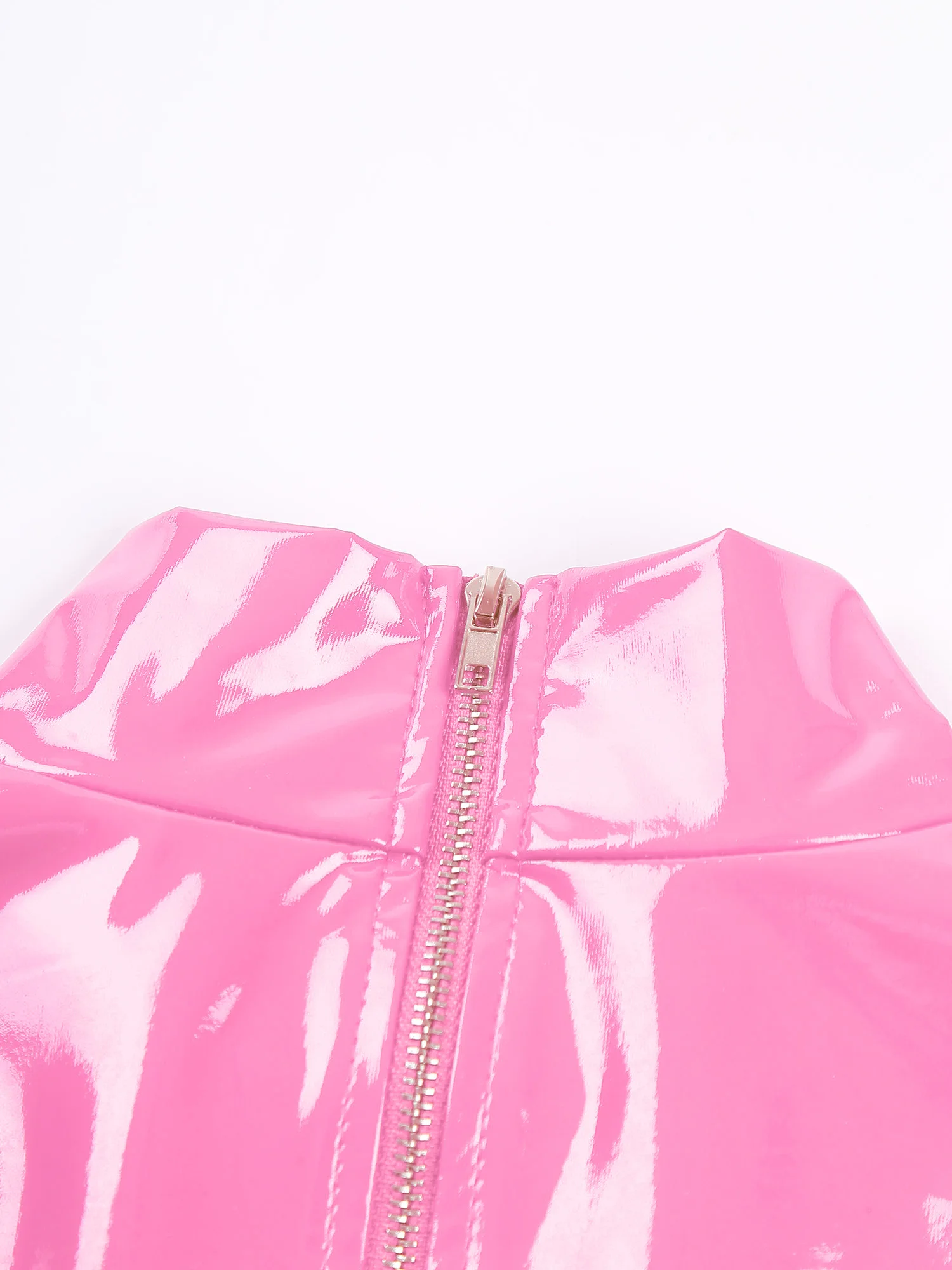 Womens Lingerie Open Chest Glossy Patent Leather Crop Top with Metal Chains Stand Collar Hollow Out Back Zipper T-shirt Crop