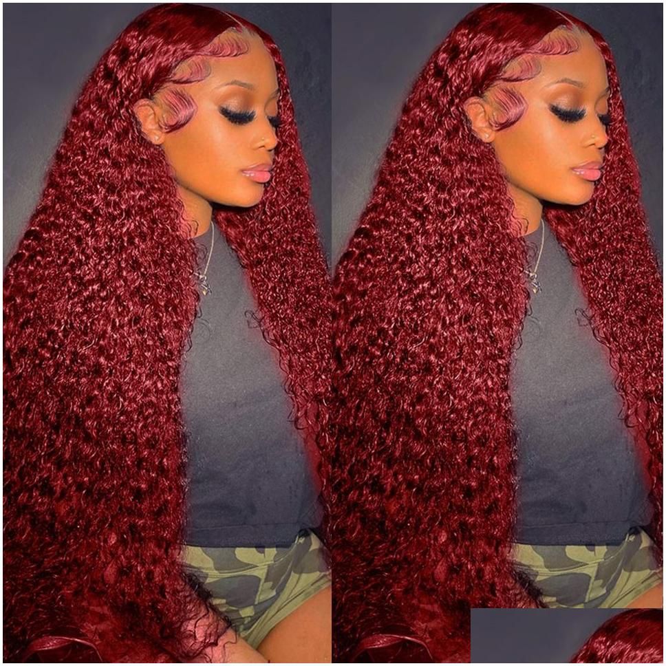 Synthetic Wigs Brazilian Hair Deep Wave Wig Bury Red Lace Front 13X4 Hd Frontal 360 Fl Curlywig Pre Plucked Drop Delivery Products Otxf Jllw