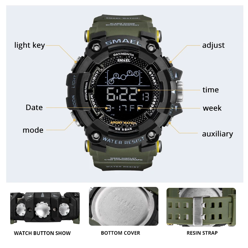 SMAEL Mens Watch new Water Resistant 2025 Sport Watches Army Big Dial Led Digital Wristwatches Stopwatches for Male 1802 Clock
