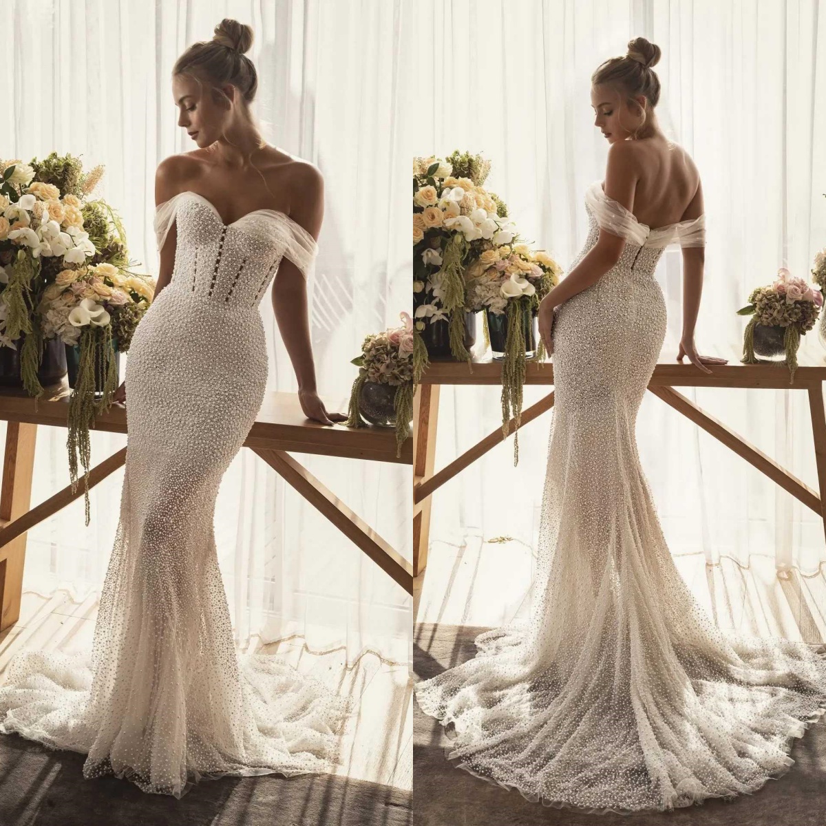 Elegant Wedding Dresses More Pearls Mermaid Bridal Gowns Off Shoulder Backless Custom Made Sweep Train Bride Vestido de novia