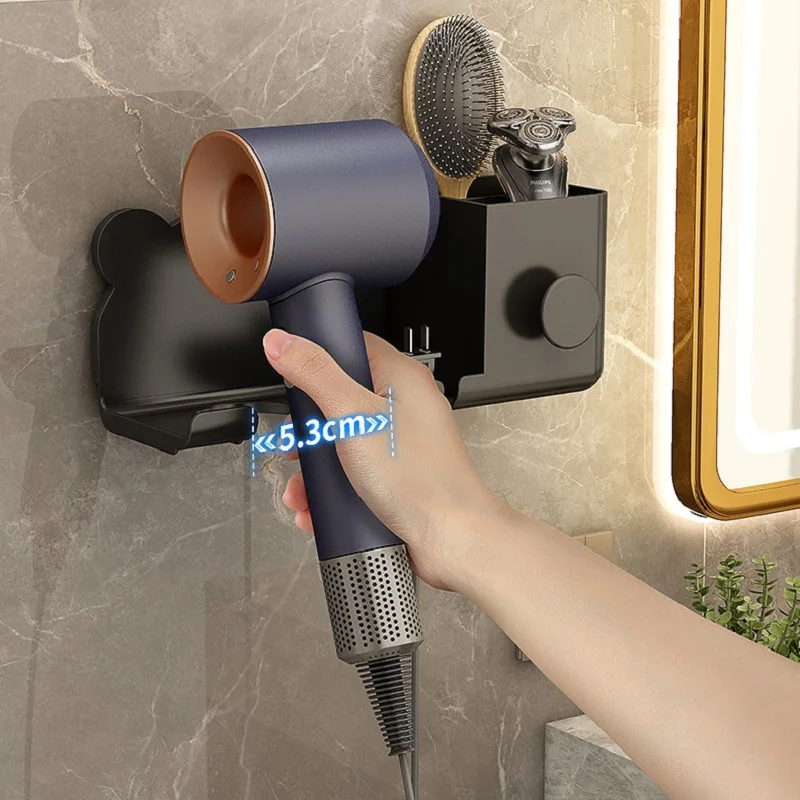 Adhesive Wall Mounted Hair Dryer Rack Toiletry Organizer No-Drilling Plastic Bathroom Shelf Hanging Hairdryer Holder