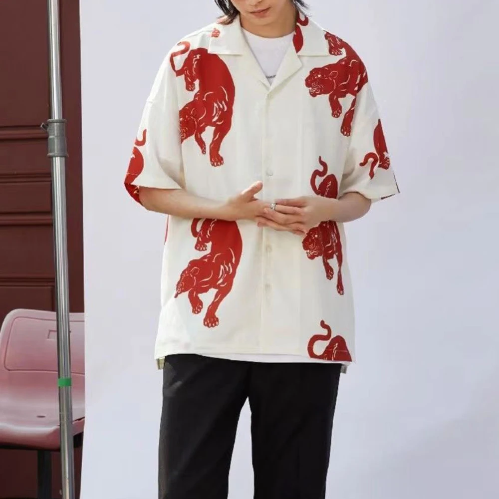 Street Retro new All-match Short-sleeved Shirt Top Men's 2024 2025 American Style Hiphop Personality Black Panther Print Loose Casual