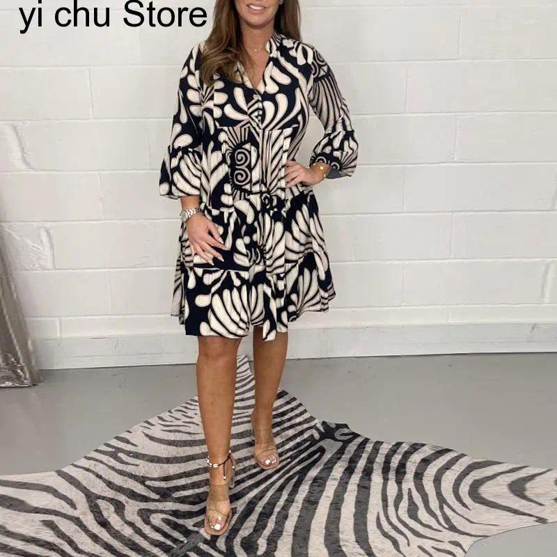 Casual Dresses Summer V Neck 3/4 Sleeve Print Party Dress Fashion Women Office Elegant Single Breasted Geometry Pattern