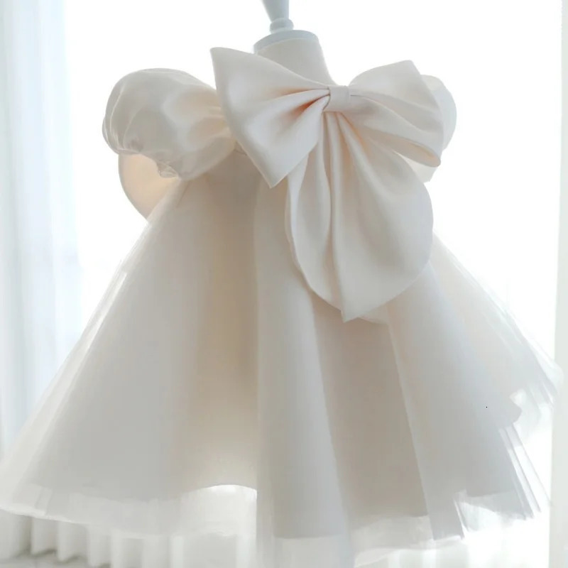 Baby Girl Silk Princess Tutu Dress with Puff Sleeves Childrens Vintage Vesido Party Pageant Birthday Baptist Frog Baby Clothing 1-12Y 240520
