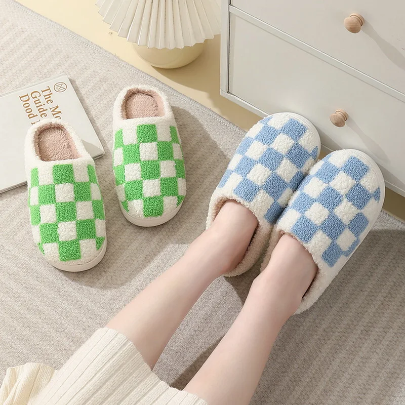 2023 Retro Checker Plush Slippers Men Women Cozy Winter Comfort Fluffy House Soft Shoes Indoor Sole Winter Warm Bedroom Slides