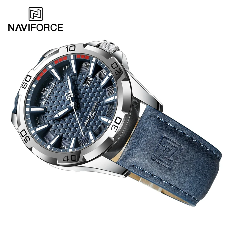 NAVIFORCE Men Wristwatch Top Brand Luxury Waterproof Watch Blue Genuine Leather Sport Military Quartz Original Male Clock 8023
