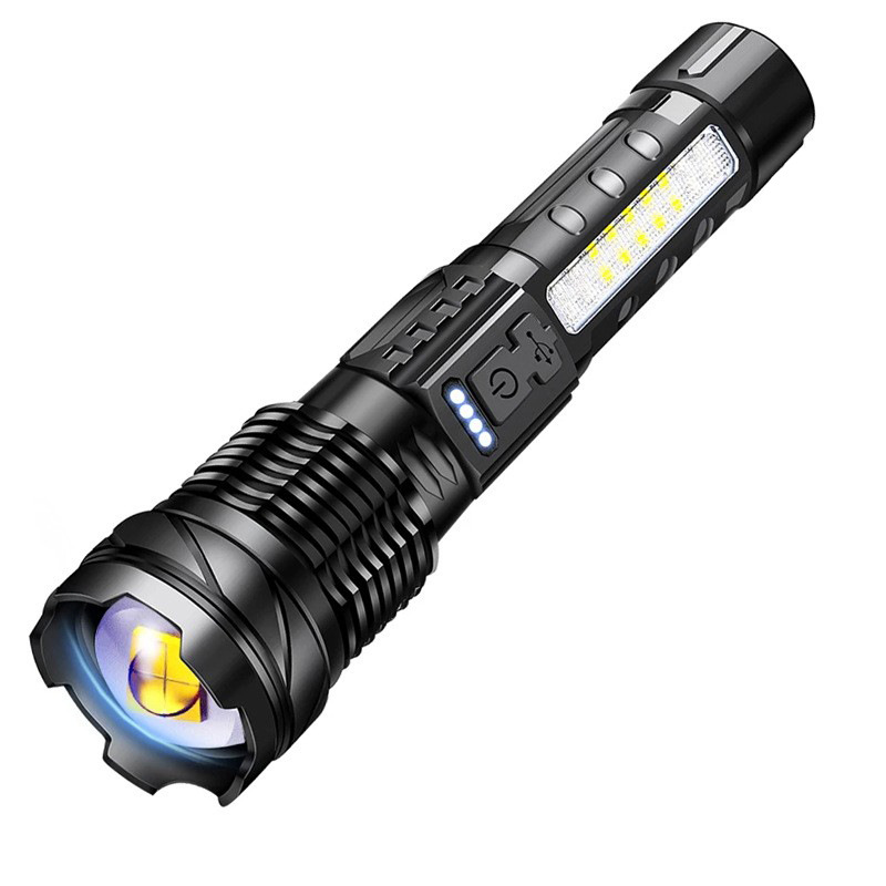 Rechargeable LED Flashlight Side Red Light Work Lamp Zoom Focus Torch With Power Display