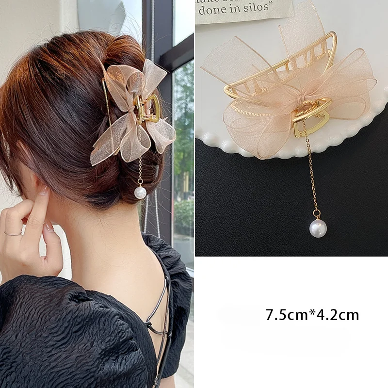 Korean Mesh Bow Tassel Grab Clip Girls Elegant Crab Ponytail Braid Claw Clip Women Delicate Bath Hair Accessories