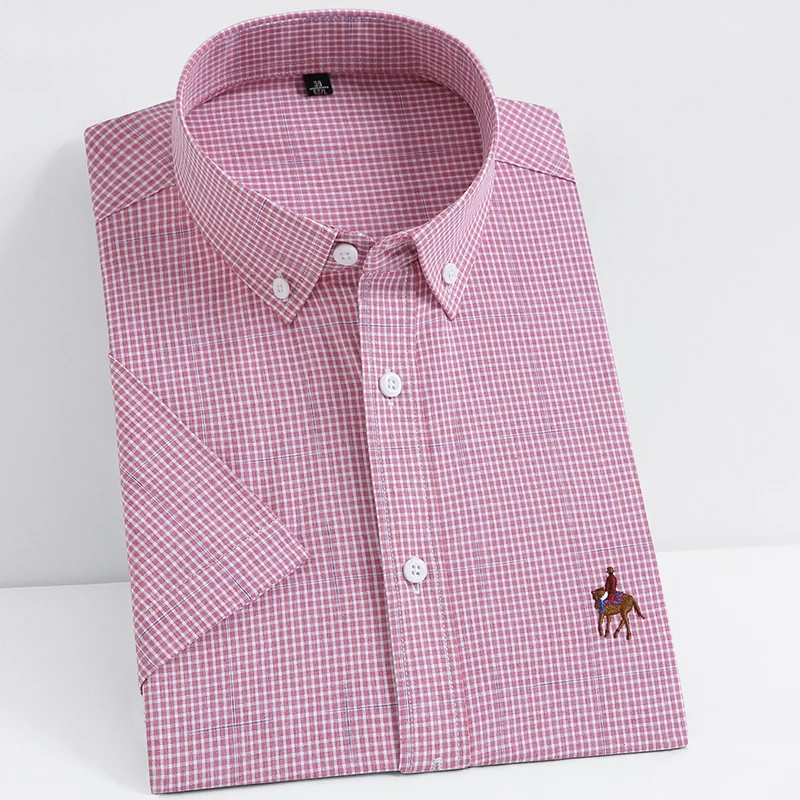 2025 new 2023 Men's Short Sleeve Bamboo Fiber Plaid Stretch Casual Shirts Embroidered Horse Standard-fit Wrinkle Resistant Clothes