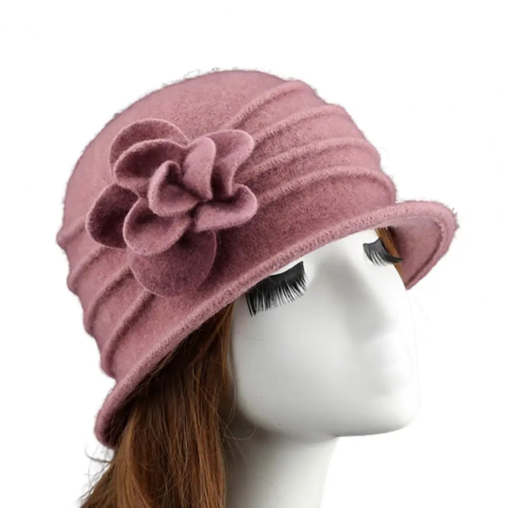 New in Women'S hat Flower Decor new Wide Brim 2025 Round Dome Woolen Hat Middle Aged Ladies Bucket Hat Dropshipping
