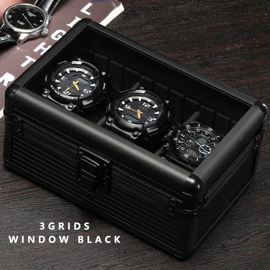 Practical 3 slot Watch Box Aluminum Alloy Watch Display Case Glass Top Watch case Watch Storage Box