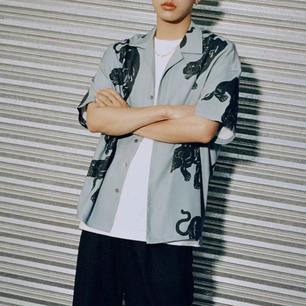 Street Retro new All-match Short-sleeved Shirt Top Men's 2024 2025 American Style Hiphop Personality Black Panther Print Loose Casual