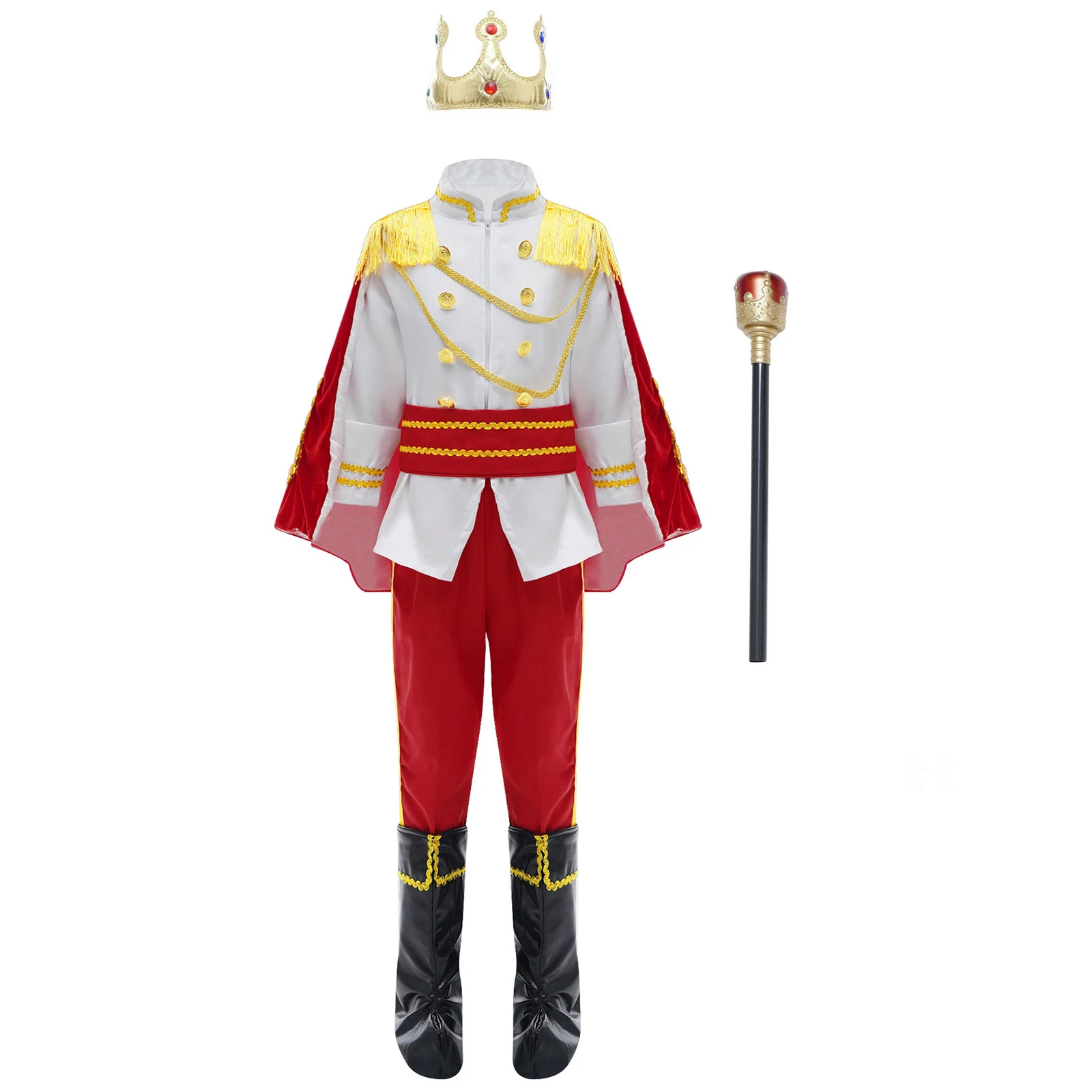 Kid Boys Medieval Prince King Costume Halloween Cosplay Theme Party Masquerade Cloak Crown Scepter Jacket Pants Shoes Covers Set
