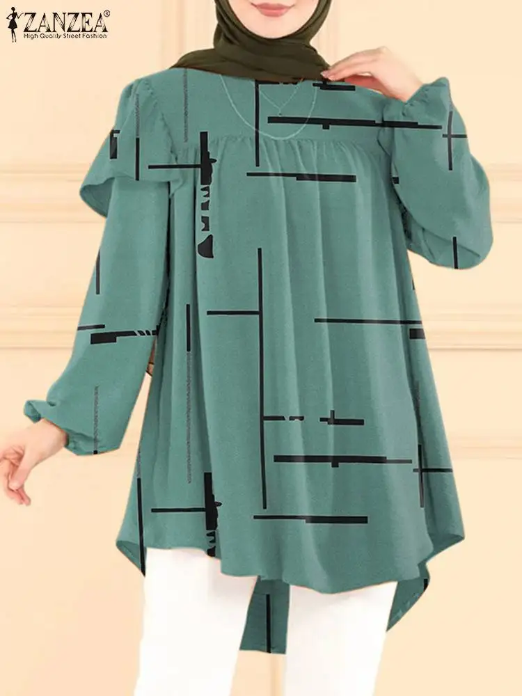 ZANZEA Muslim Printed Shirt Women Vintage Floral 2025 Tops Bohemian new Ruffles Loose Blouse Long Puff Sleeve Ramadan Hijab Blusas Abaya