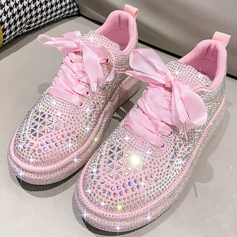 Women's Triangle Diamond Shiny Lace Up Outdoor Casual Sneakers, Breathable And Lightweight